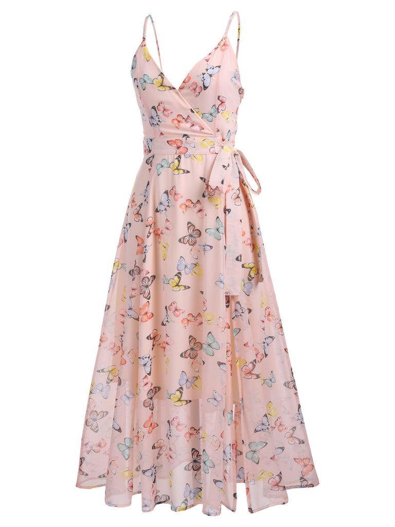 Light Pink Butterfly Strap Lace-up Vintage Dress