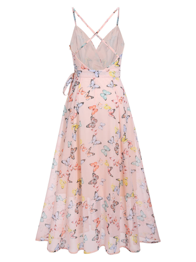 Light Pink Butterfly Strap Lace-up Vintage Dress