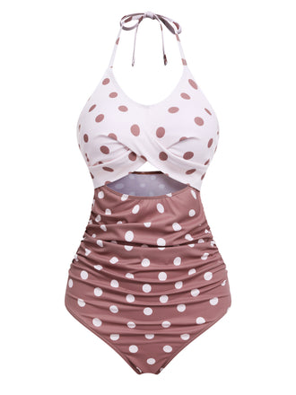 [US Warehouse] 1940s Polka Dots Patchwork One-piece Swimsuit