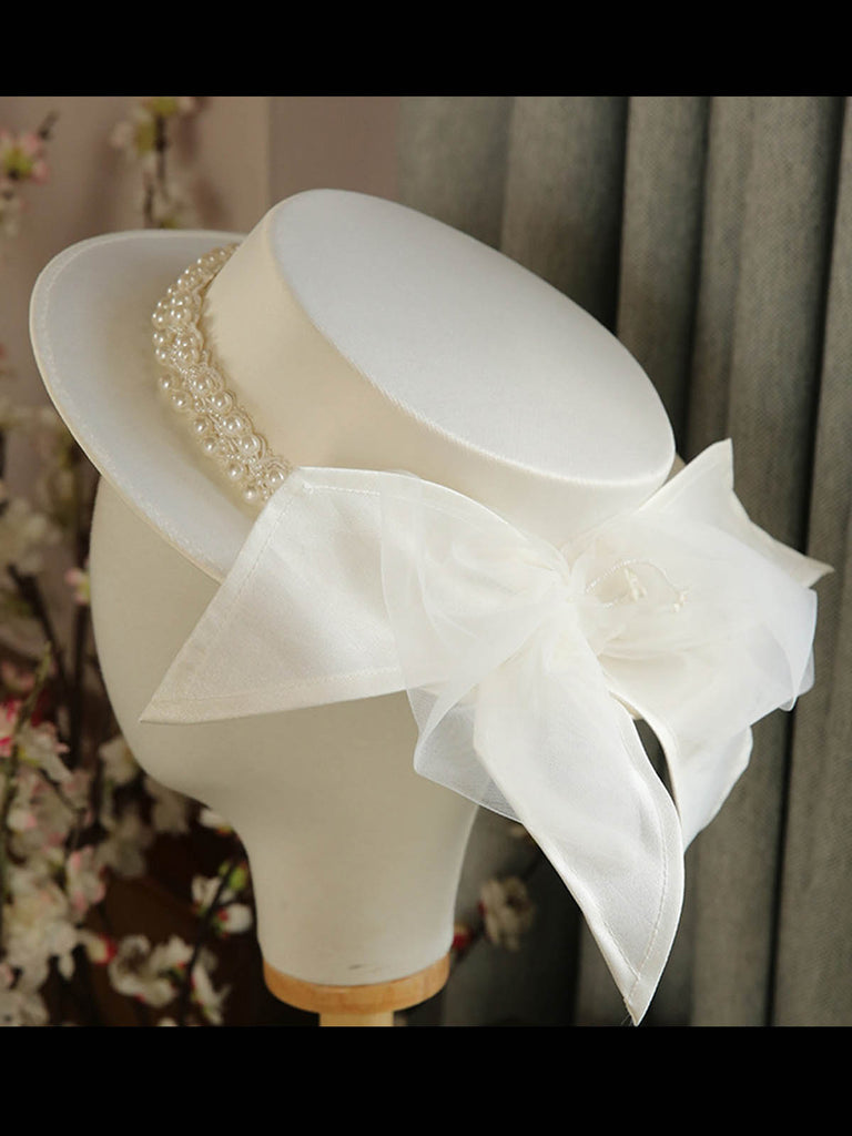 White Retro Pearl Bow Knot Hat