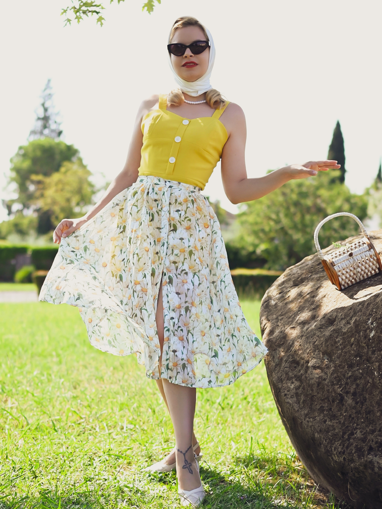 2PCS 1950s Yellow Romper & White Floral Skirt