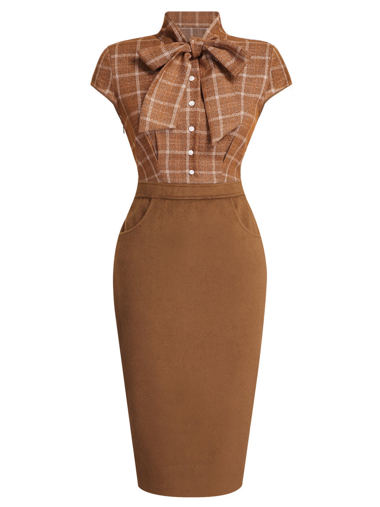 Brown 1960s Plaid Patchwork Pencil Dress