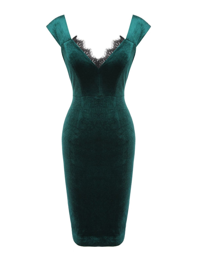Green 1960s Velvet Lace Patchwork Dress