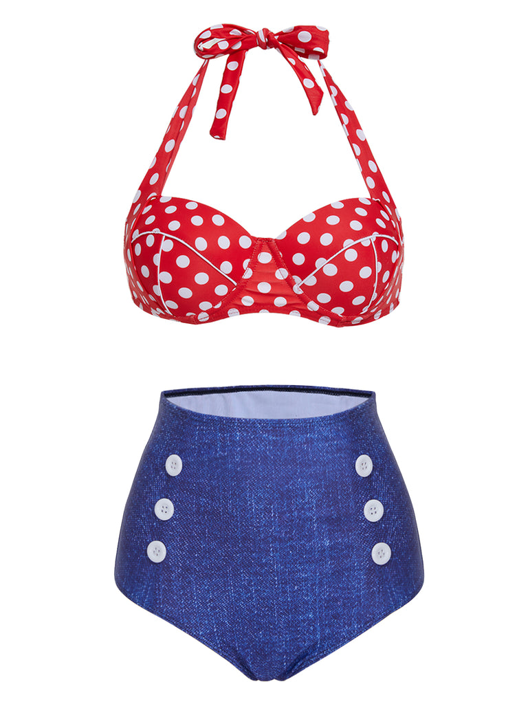 1950s Retro Polka Dot Halter Bikini Swimsuit