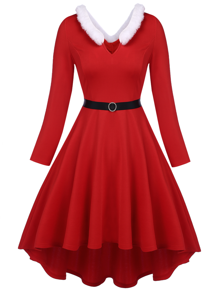 Red 1950s Furry Solid Swing Dress