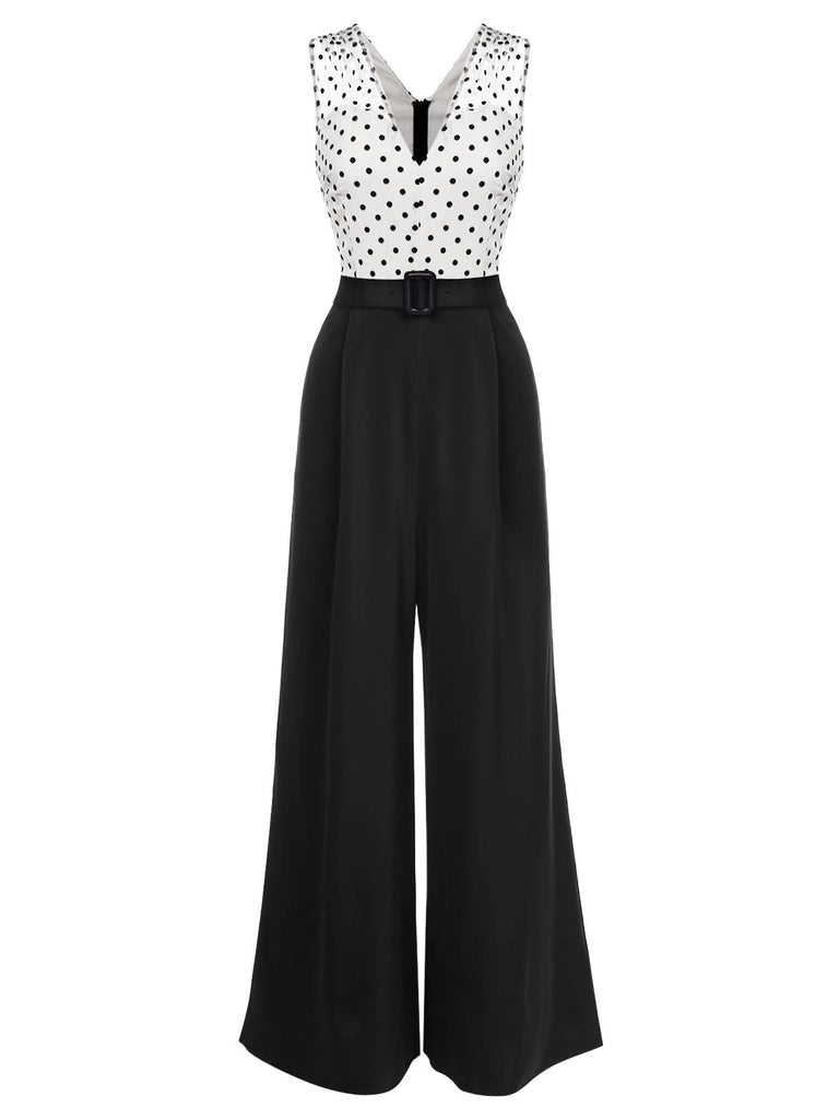 1950s Polka Dot Patchwork Belt Jumpsuit