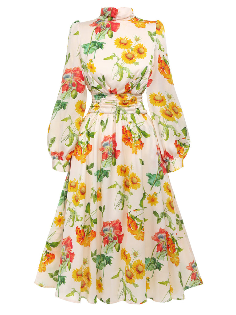 1930s Flower Long Sleeves Swing Dress