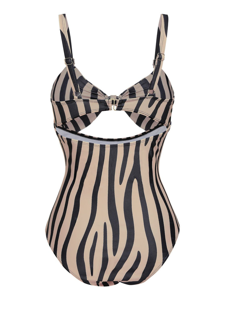 Brown Zebra Print Cutout One-Piece Swimsuit