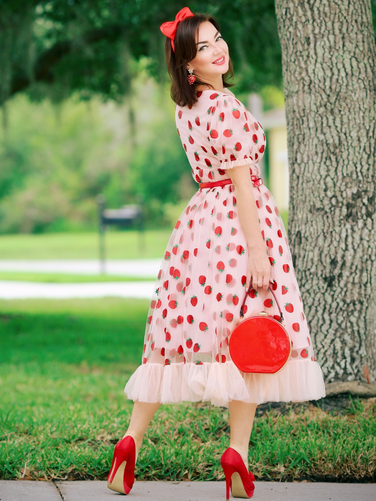 Pink 1950s Lace Strawberry Swing Dress