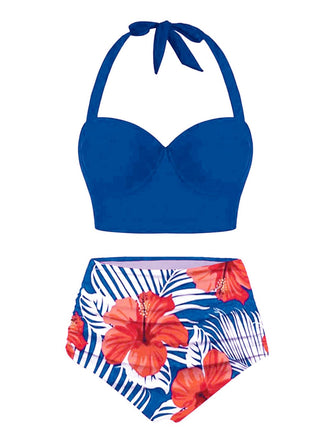 1940s Halter Flowers Pleated Bikini Set