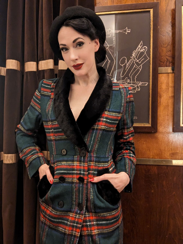 Green 1960s Plaid Fur Collar Pencil Coat