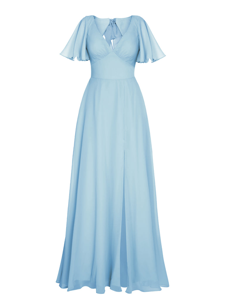 1950s Chiffon V-Neck Solid Vintage Dress