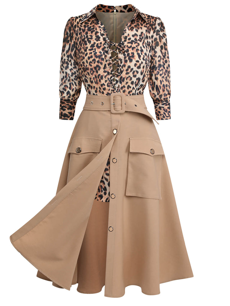 2PCS 1950s Leopard Lapel Romper & Khaki Skirt: timeless style reimagined