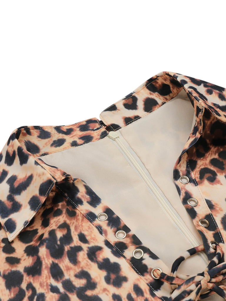 2PCS 1950s Leopard Lapel Romper & Khaki Skirt — vintage elegance for the modern woman