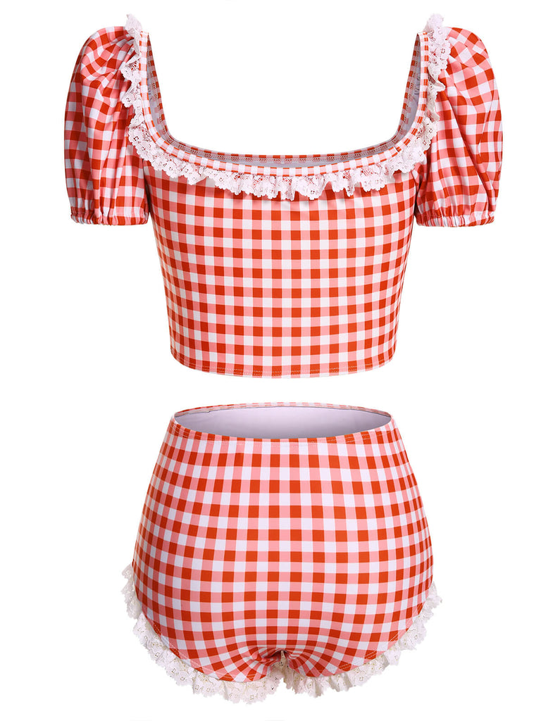 2PCS 1960s Plaid Lace Patchwork Swimsuit, vintage swimsuit, pin-up swimwear - perfect for women who love vintage and retro fashion