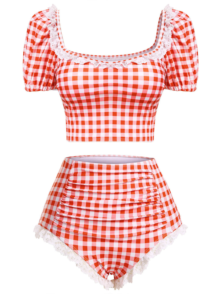 2PCS 1960s Plaid Lace Patchwork Swimsuit, vintage swimsuit, pin-up swimwear - perfect for women who love vintage and retro fashion