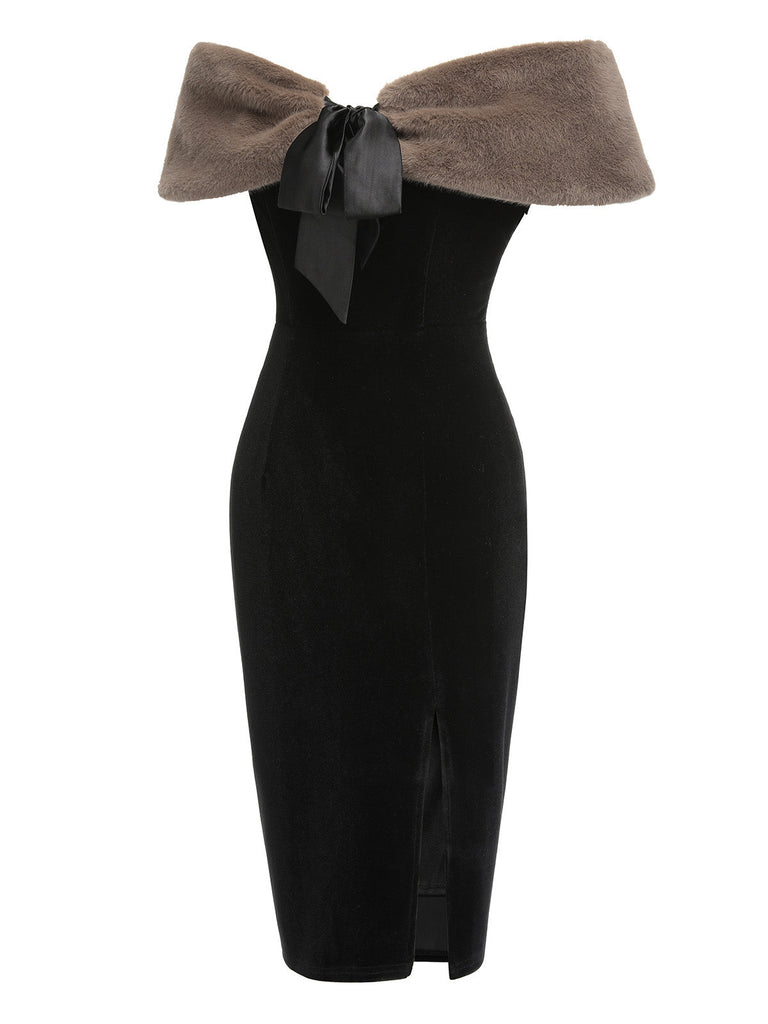 2PCS Black 1960s Solid Dress & Plush Cape — vintage elegance for the modern woman