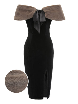 2PCS Black 1960s Solid Dress & Plush Cape, vintage dress, retro fashion - perfect for women who love vintage and retro fashion