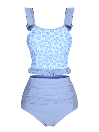 2PCS Blue 1940s Leopard Patchwork Swimsuit: timeless style reimagined
