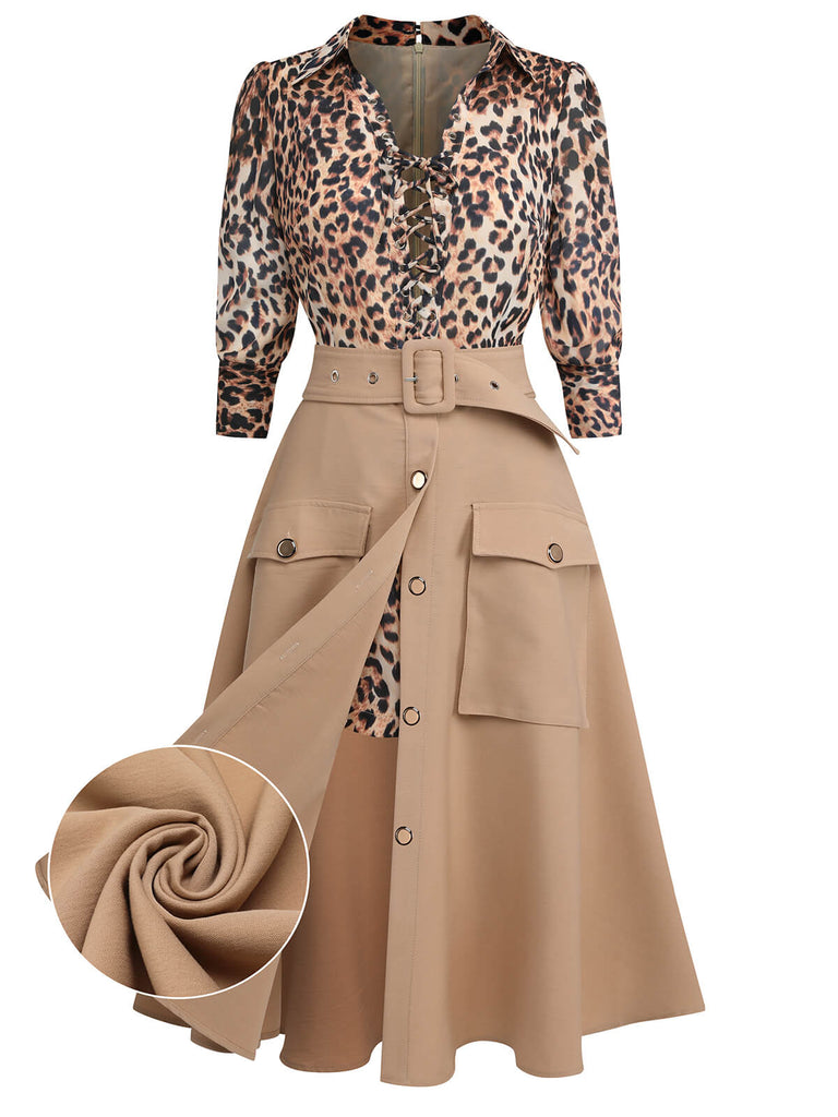 2PCS Leopard Lapel Romper & Khaki Skirt — vintage elegance for the modern woman