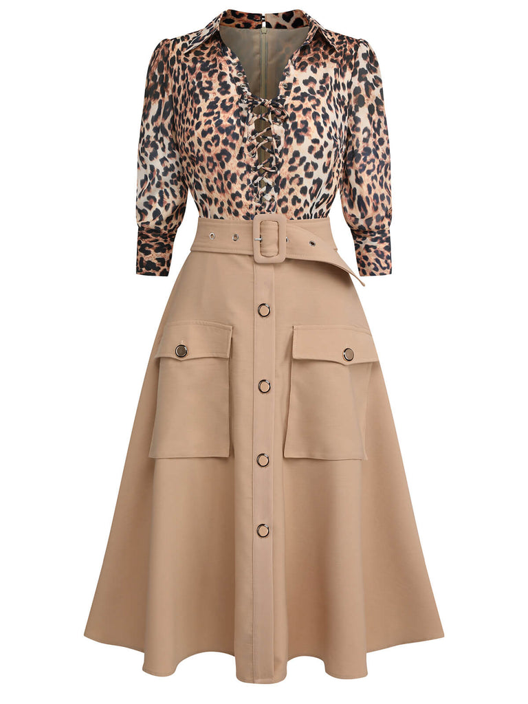 2PCS Leopard Lapel Romper & Khaki Skirt: timeless style reimagined