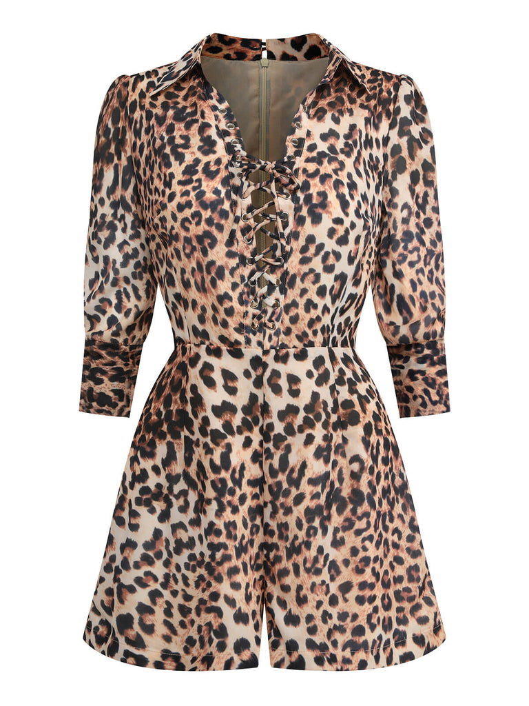2PCS Leopard Lapel Romper & Khaki Skirt — vintage elegance for the modern woman