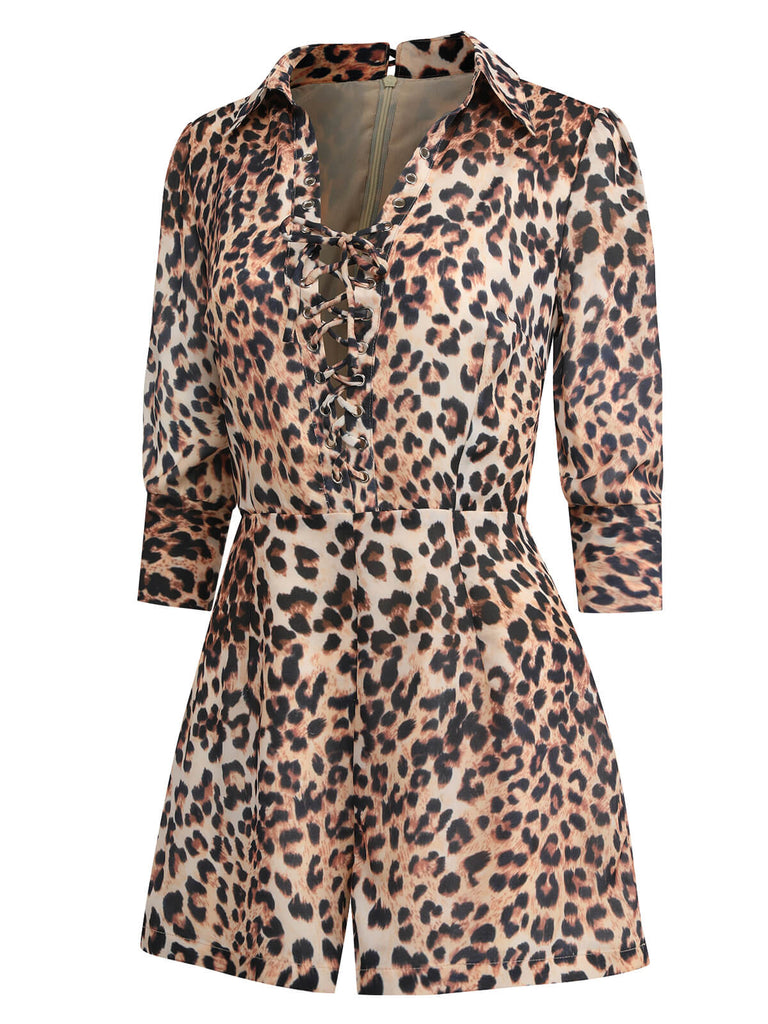 2PCS Leopard Lapel Romper & Khaki Skirt: timeless style reimagined