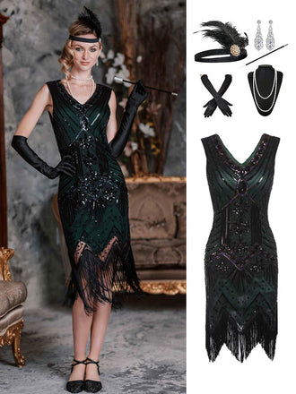 2PCS Top Seller Dark 1920s Dress & Accessories Set, classic 1920s style elegant retro fashion - Image 1