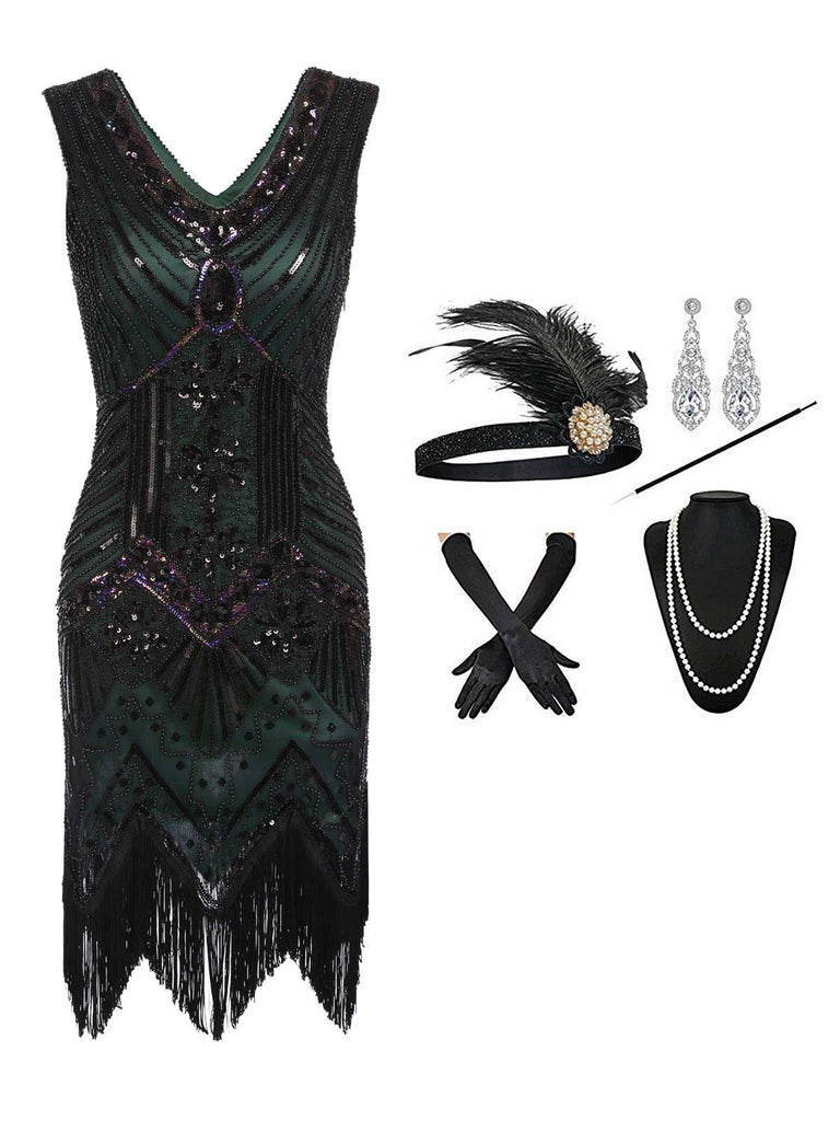 2PCS Top Seller Dark 1920s Dress & Accessories Set, classic 1920s style elegant retro fashion - Image 5