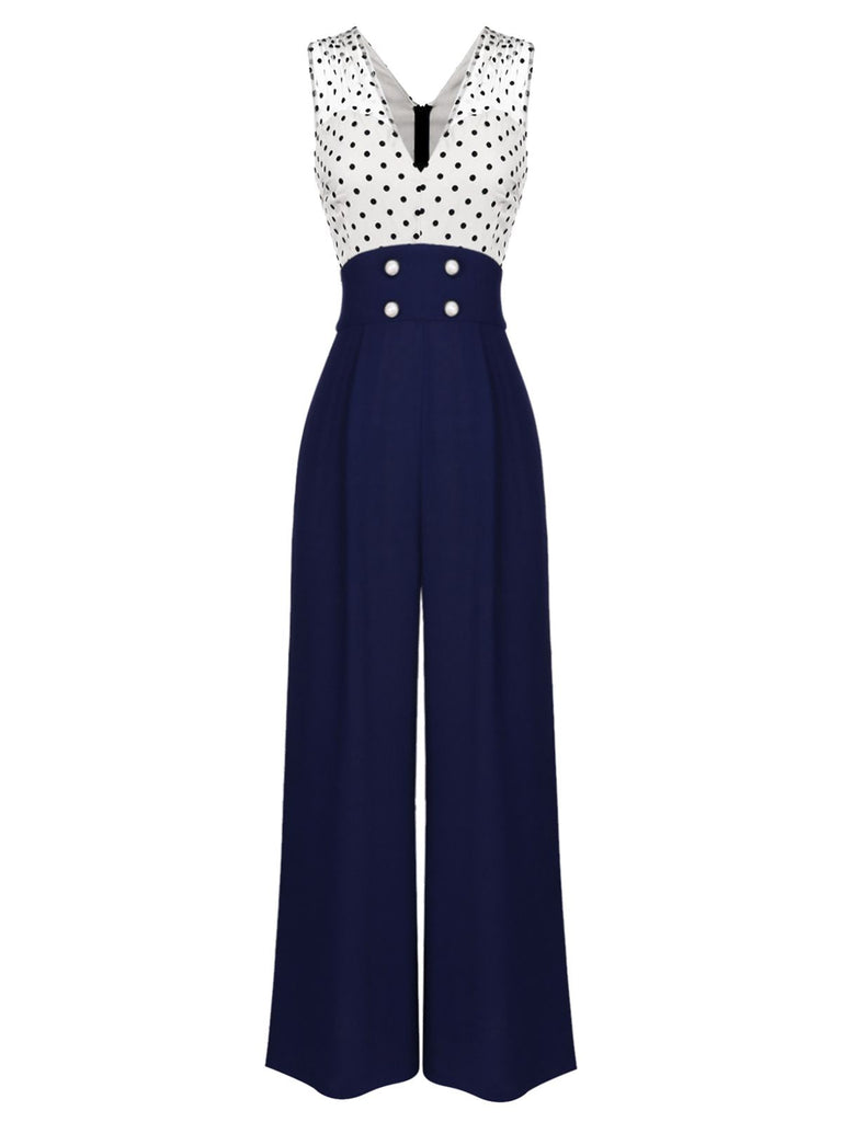 1950s Polka Dot Patchwork Button Jumpsuit