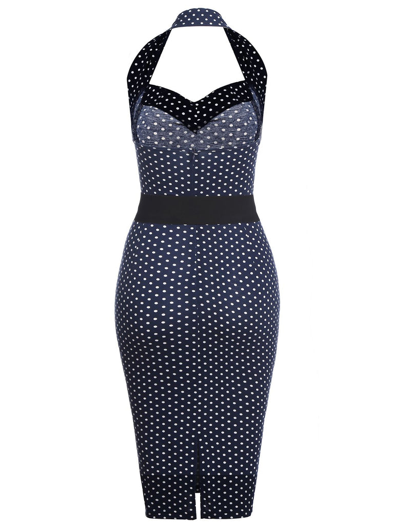 Navy 1960s Halter Dot Bodycon Dress