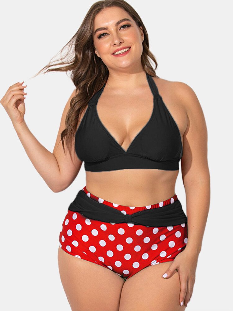 1950s Polka Dot Pleated Halter Bikini