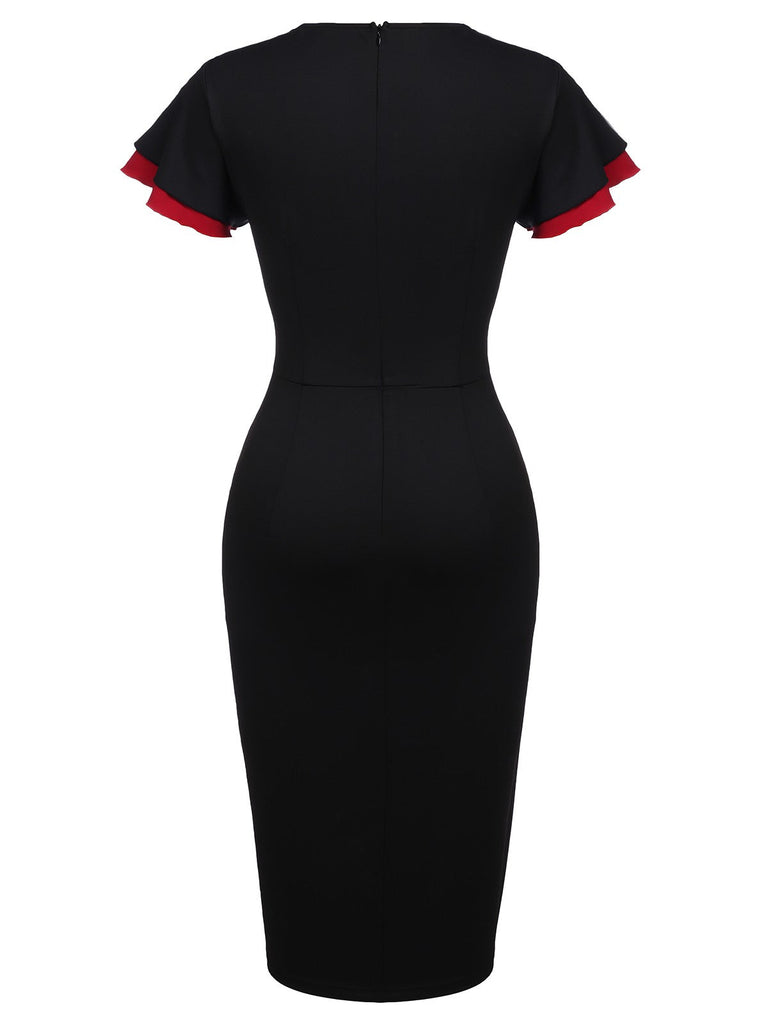 Black 1960s Button Slit Bodycon Dress