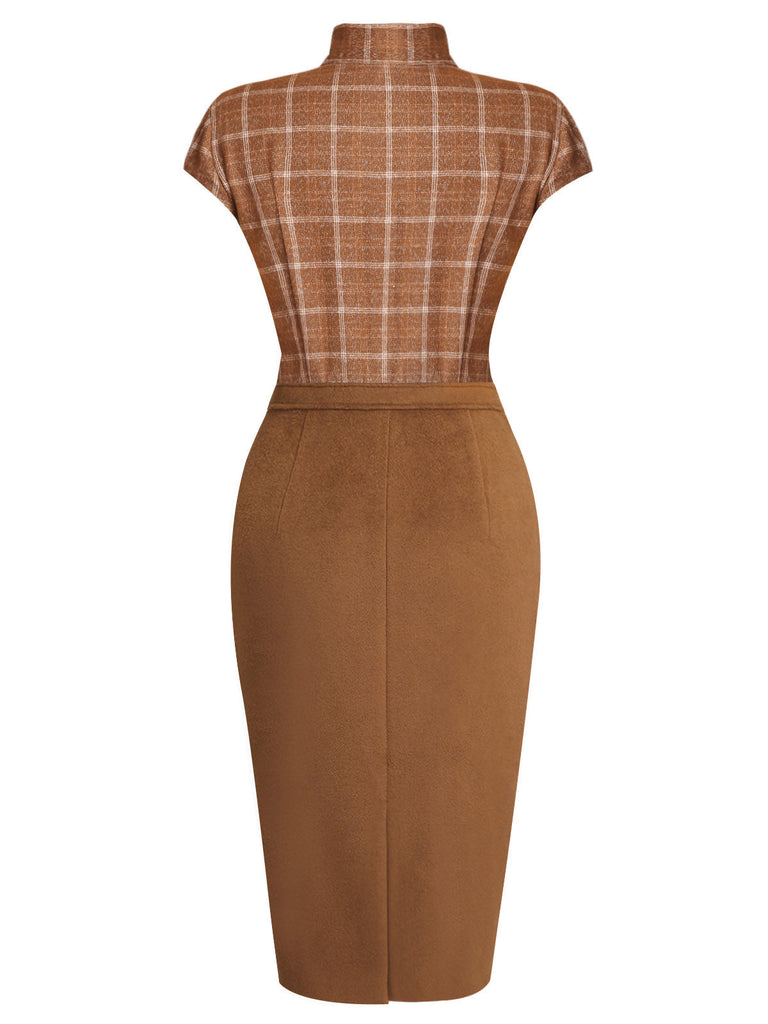 2PCS Brown Bolero Jacket & Plaid Pencil Dress