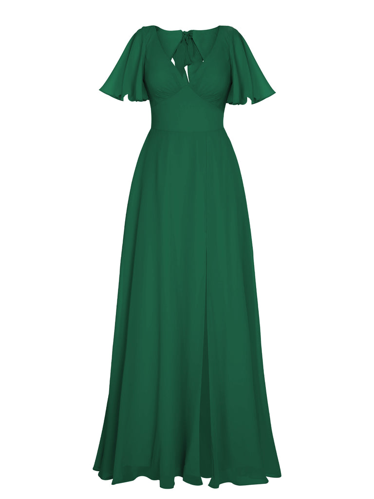 1950s Chiffon V-Neck Solid Vintage Dress