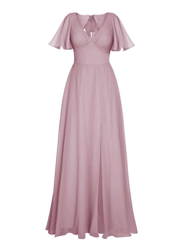 1950s Chiffon V-Neck Solid Vintage Dress