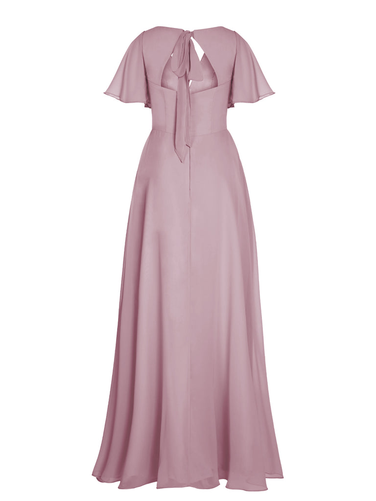 1950s Chiffon V-Neck Solid Vintage Dress