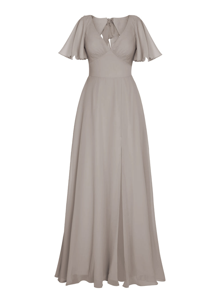 1950s Chiffon V-Neck Solid Vintage Dress