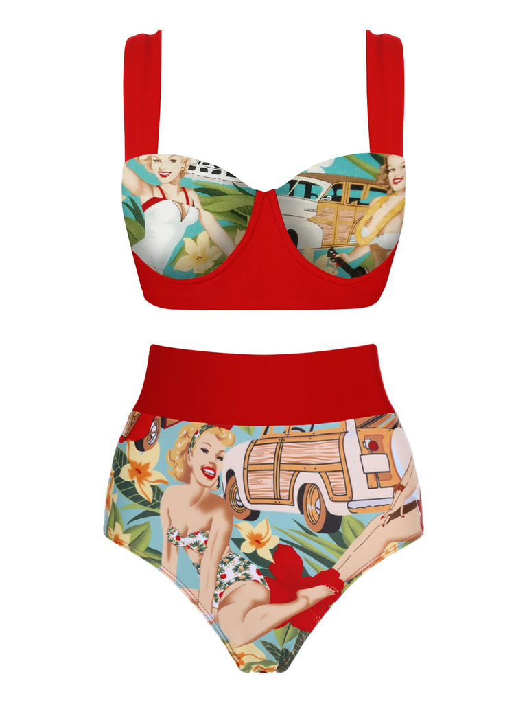 3PCS 1960s Red Retro Lady Bikini Set — vintage elegance for the modern woman