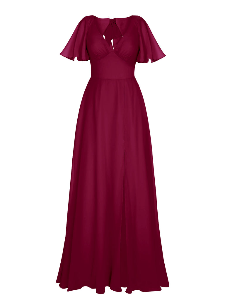1950s Chiffon V-Neck Solid Vintage Dress