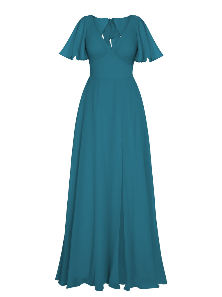 1950s Chiffon V-Neck Solid Vintage Dress