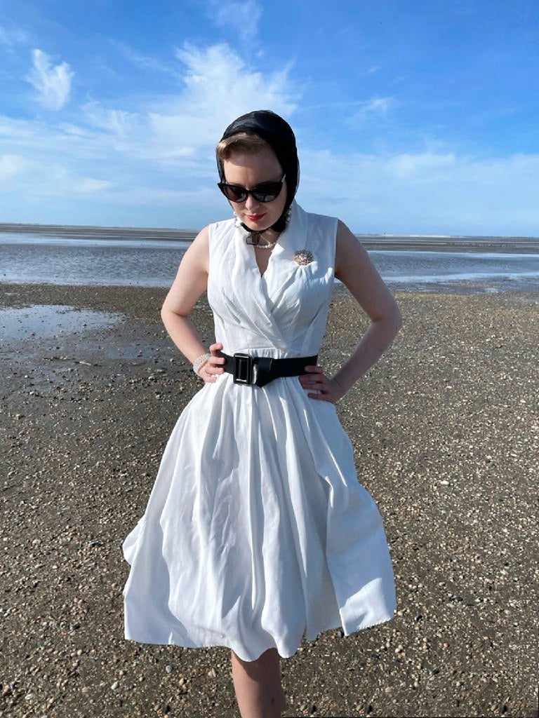 White 1950s Halter Belted Swing Dress