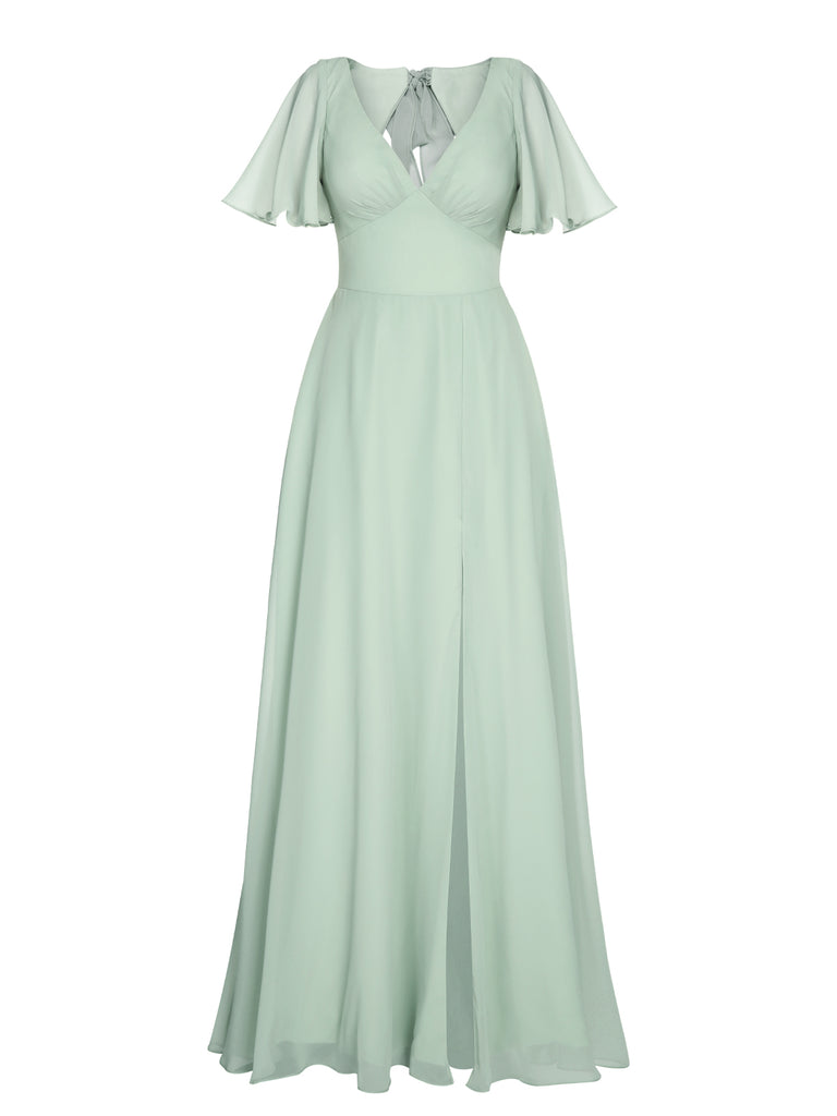 1950s Chiffon V-Neck Solid Vintage Dress