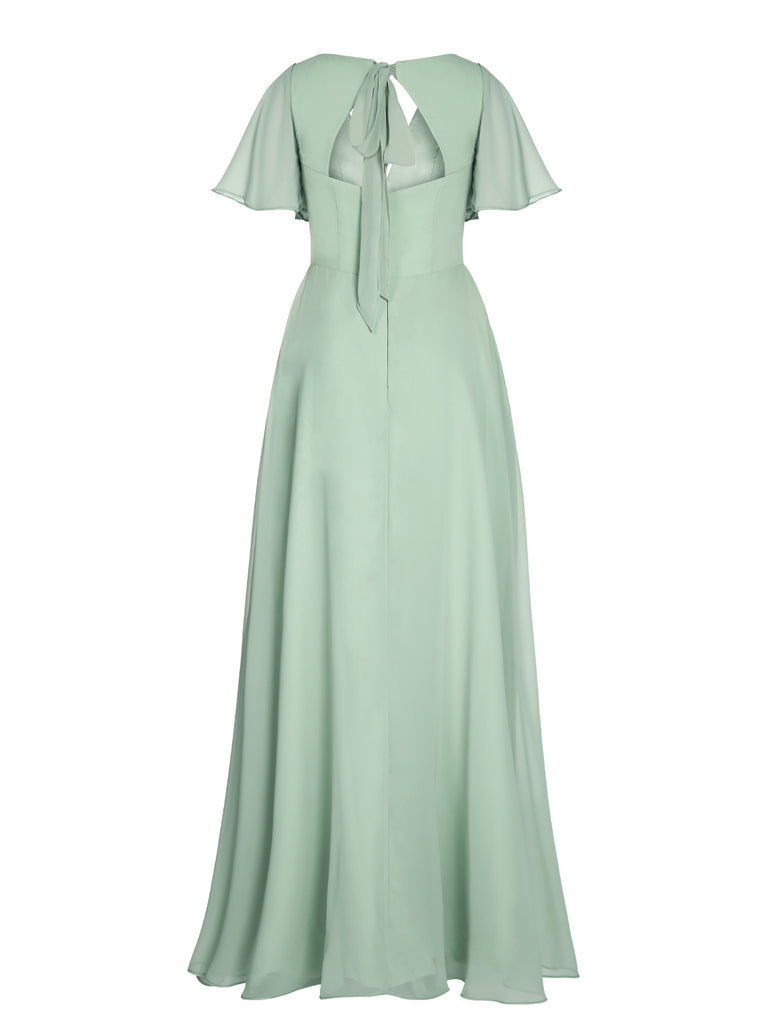1950s Chiffon V-Neck Solid Vintage Dress