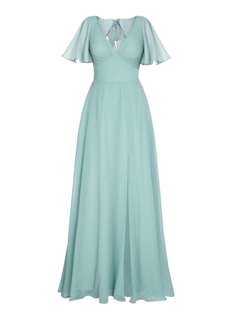 1950s Chiffon V-Neck Solid Vintage Dress