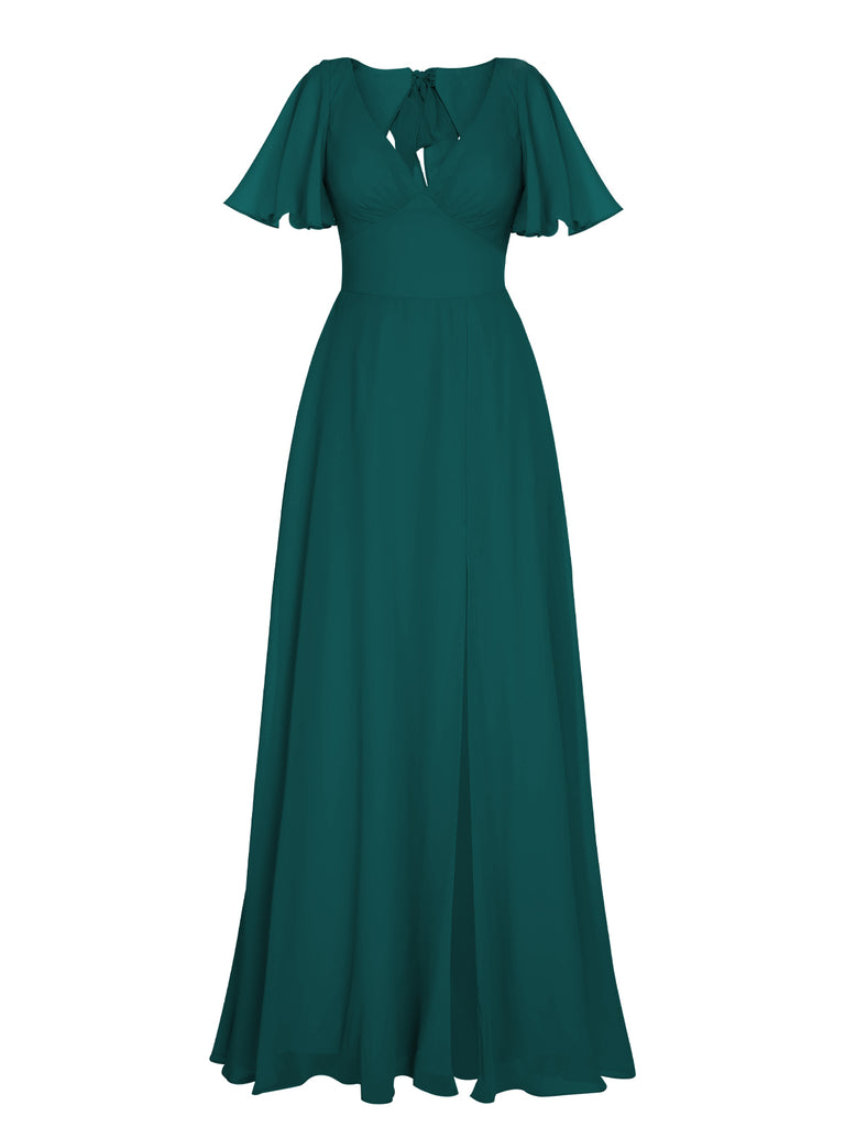 1950s Chiffon V-Neck Solid Vintage Dress