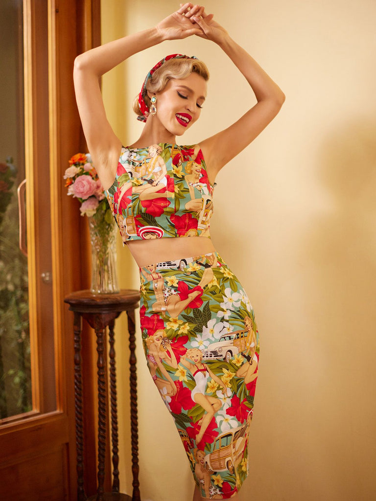 2PCS 1960s Retro Lady Crop Top & Pencil Skirt