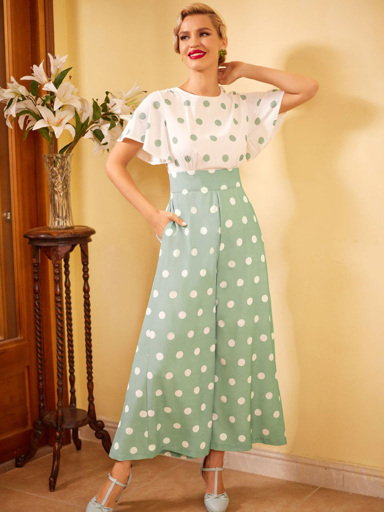 1950s Green White Splicing Polka Dot Jumpsuit