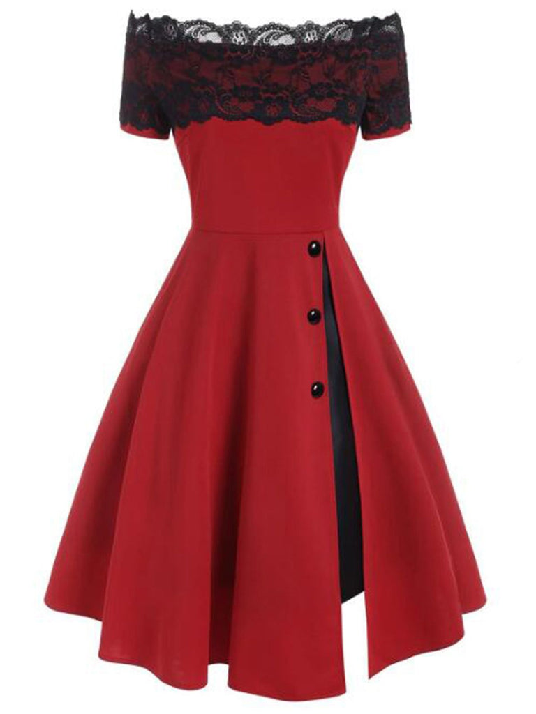 Red 1950s Off Shoulder Swing Dress