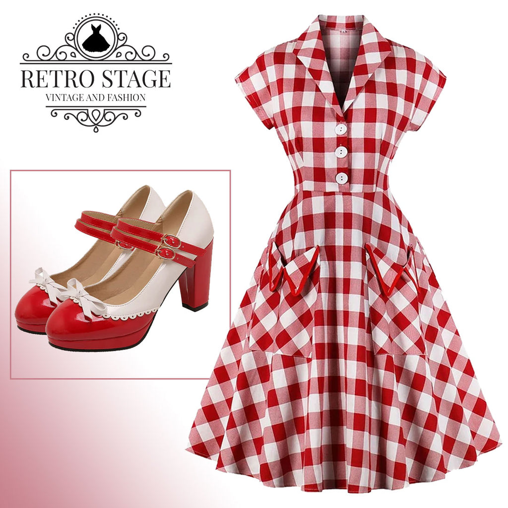 Red 1950s Pockets Plaid Dress